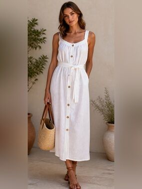 White Linen Sundress with Belt - Button Detail Light Breezy Italian Summer Style
